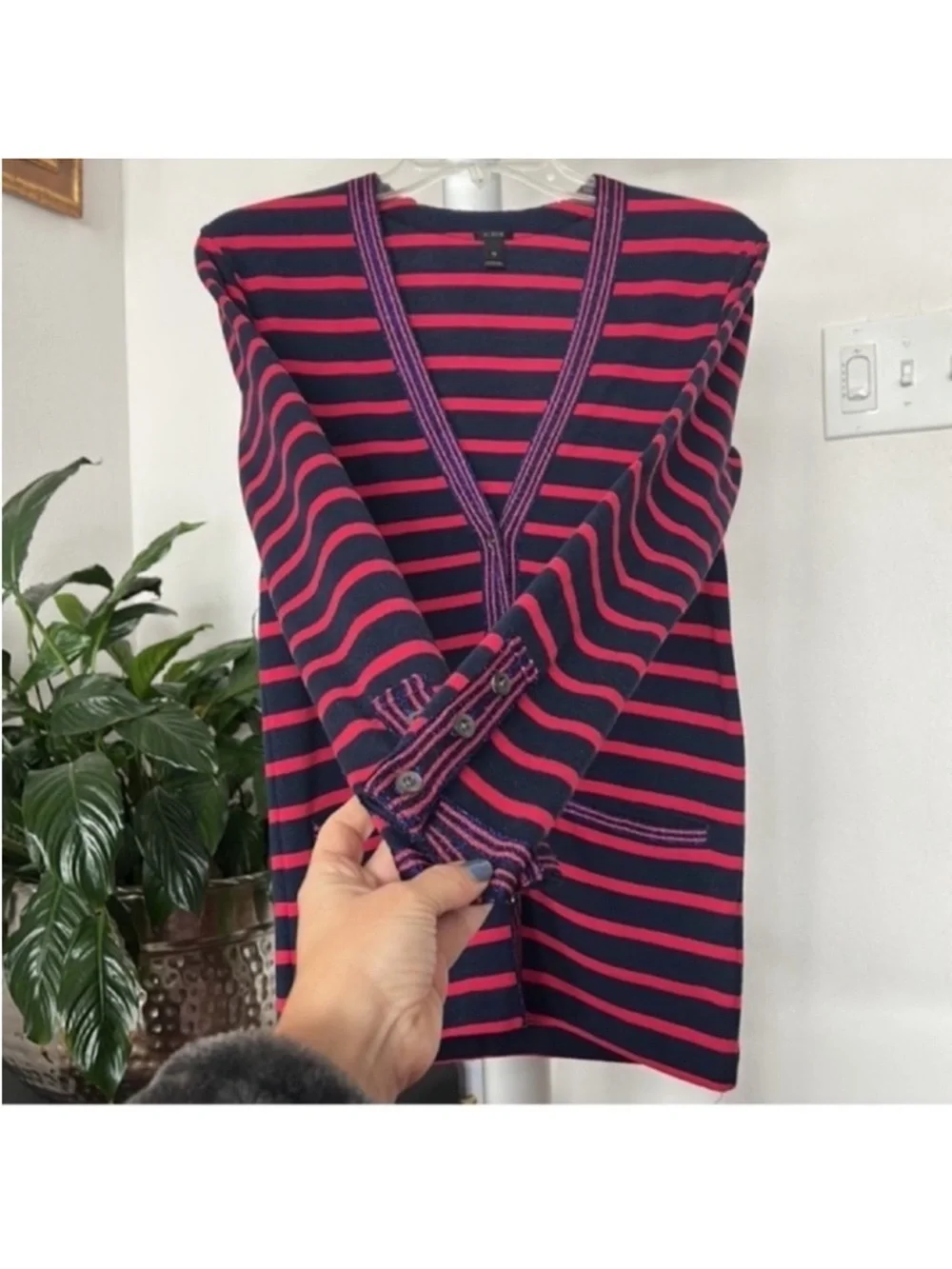 J. Crew Metallic-Trim Striped Cardigan Sweater Sz XS Navy Blue Red Buttoned